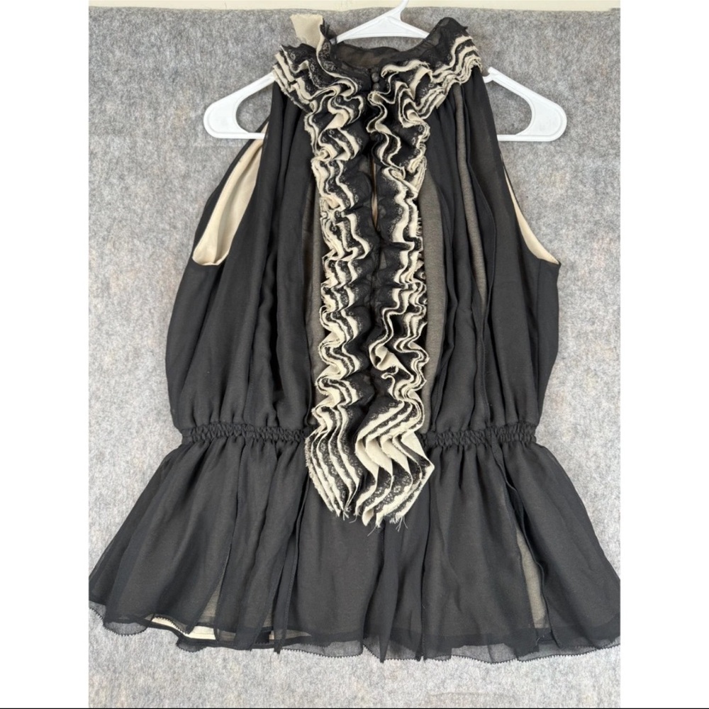 Neiman Marcus Robert Rodriguez Ruffled Top Women's Medium Black Taupe Sleeveless